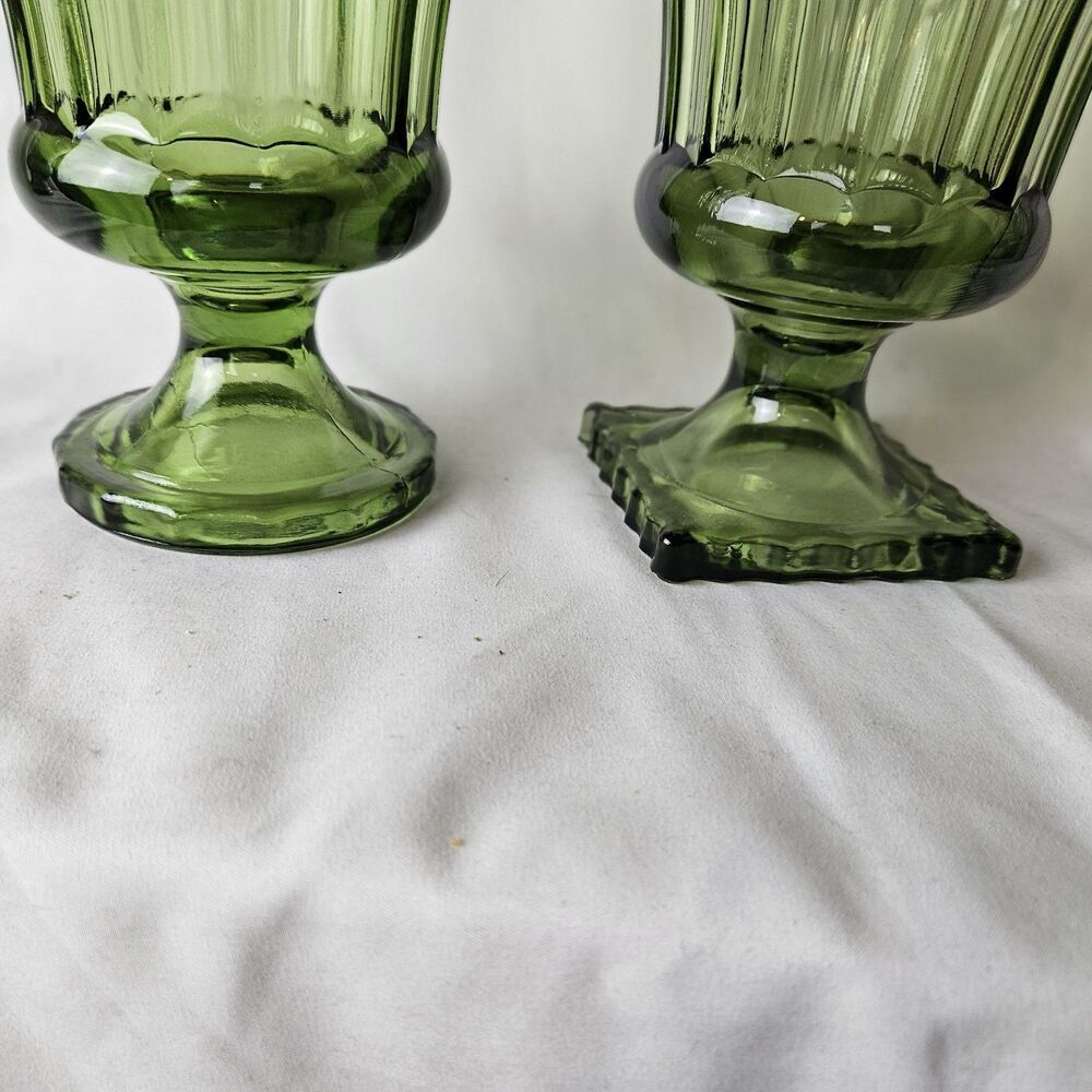 VTG Pressed Indiana Avocado Green Glass/Square Pedestal 6” X 4.5” Set Of 2 - Picture 5 of 5